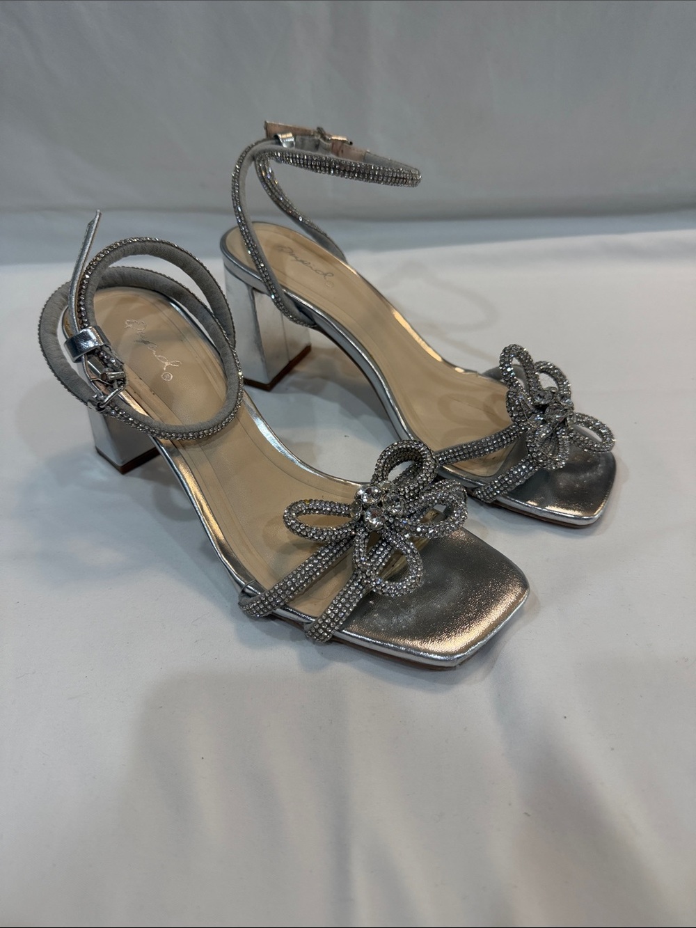 Caparros Silver Rhinestone Bow Block Heel Sandals